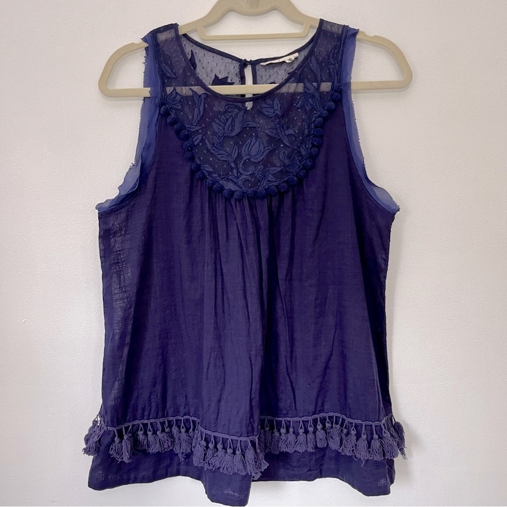 Anthropologie Floreat Navy Blue Lace Pom Pom Tassel Cotton Sleeveless Blouse M